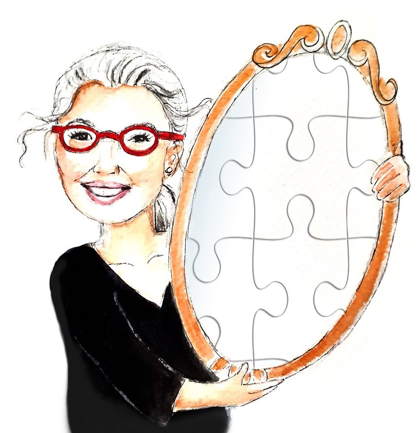 Gezeichnete Marion mit roter Brille hält einen Spiegel, dessen Glas aus Puzzleteilen besteht